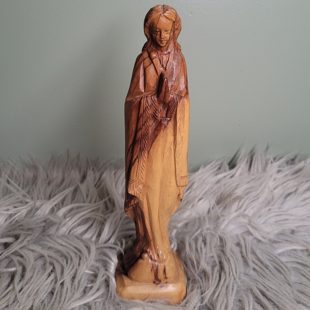 Hand Carved Olive Tree Wood Isreal Holy Virgin Mary Madonna Statue Figurine